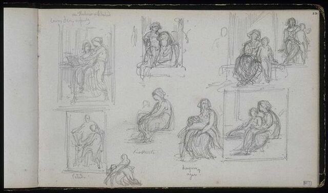 Etudes de compositions avec femme et enfant ; annotations manuscrites
