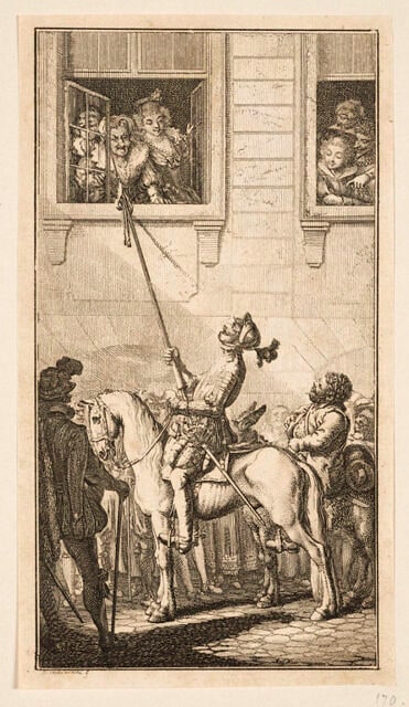 Planche de frontispice pour 'Leben und Thoten des weisen Junkers Don Quixotte von Mancha, nebst der Fortsetzung des Avellaneda,"Don Quichotte"' (tome V)