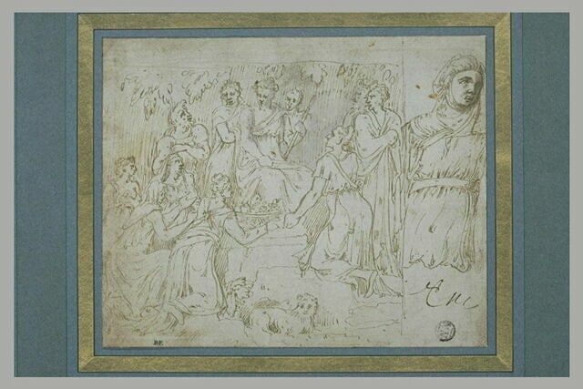 Figure sur un trône recevant des présents ; demi-figure de femme
