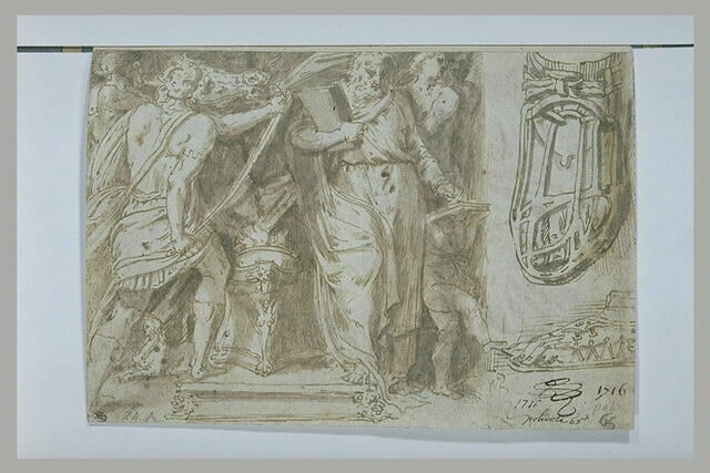 Cheval tenu par deux soldats ; homme tenant des Tables ; trophées