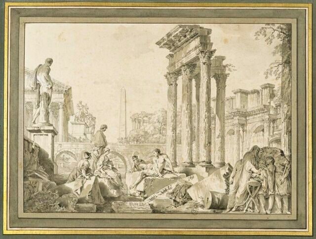 Ruines d'ordre corinthien, le forum de Nerva, des statues et des figures