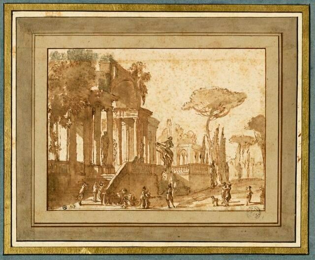 Ruines entourées d'arbres, avec des statues et des figures