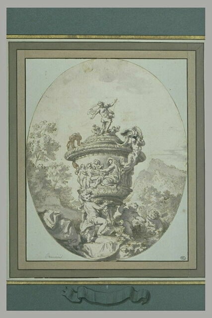 Un vase sculpté et orné de figures et de putti, dans un paysage