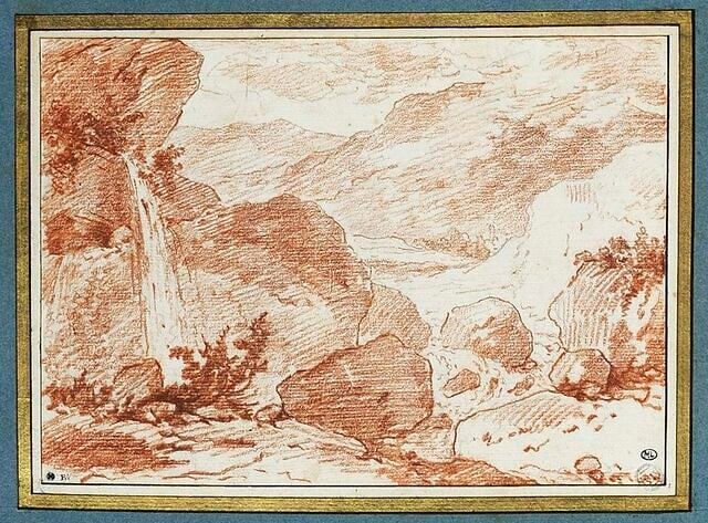Etude de rochers et broussailles avec une chute d'eau, à gauche