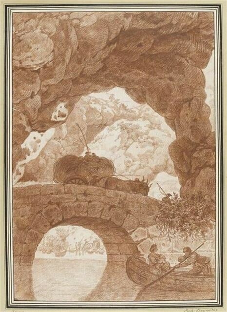 Pont et rochers : une barque montée par un homme et une femme allaitant