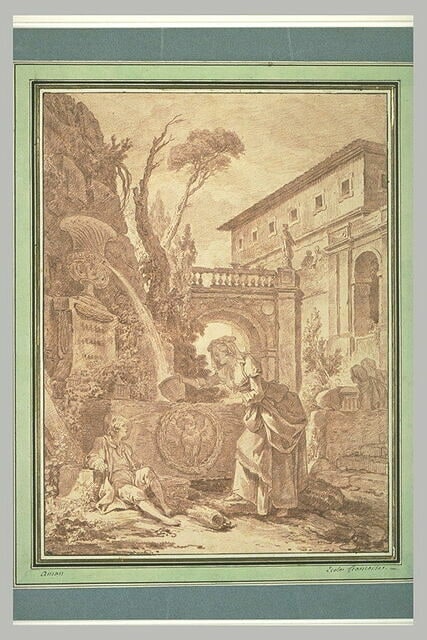 Des ruines sur le devant desquelles on voit un homme et une femme