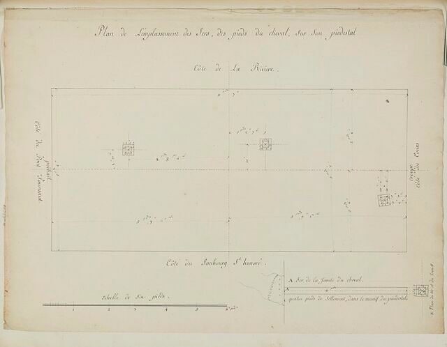 Plan de l'emplacement des fers des pieds de la statue équestre de Louis XV