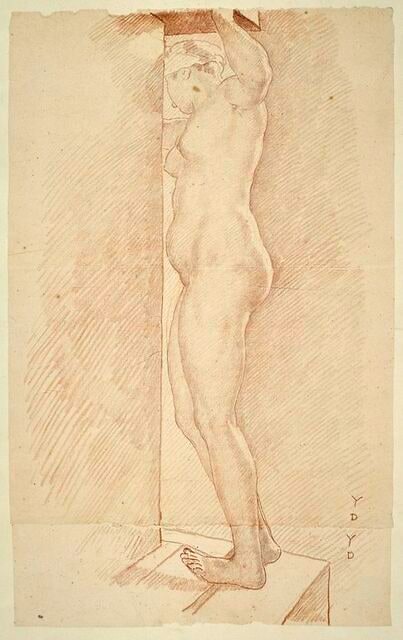 Femme nue, debout vue de côté, tournée à gauche