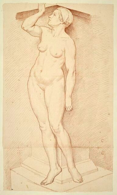 Femme nue, debout, le corps vu de face, la tête de profil