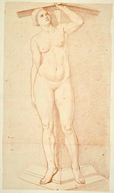 Femme nue, debout, vue de face regardant en haut