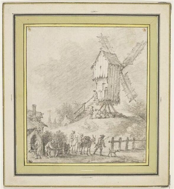 Moulin à vent sur un tertre, et paysans au premier plan
