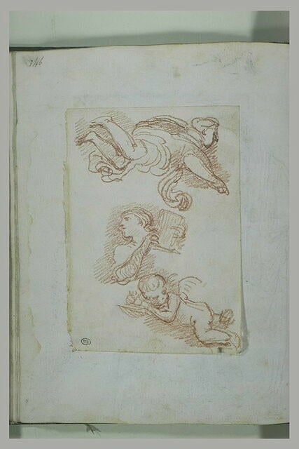 Putto ailé, figure volant, et buste d'un personnage