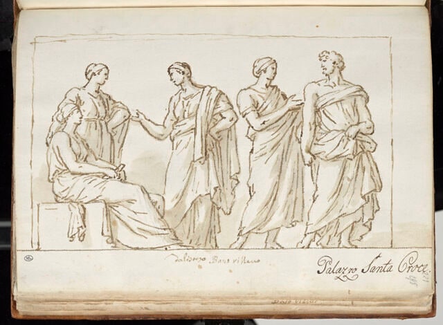 Trois femmes drapées en conversation, l'une d'elles assise, et, à droite,...