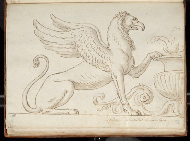 Griffon vu de profil vers la droite, la patte gauche posée sur le bord...