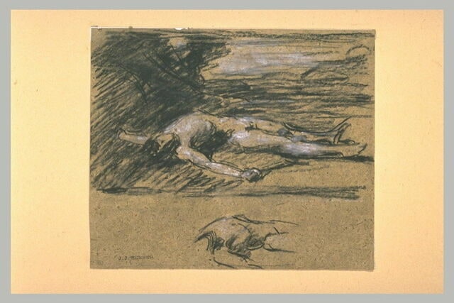 Homme nu, étendu sur le sol, les bras écartés ; reprise du torse