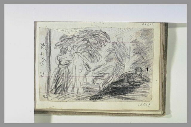 Figures désignant un homme étendu près d'un arbre et deux figures volantes