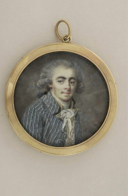 Portrait d'homme en buste, en habit bleu à grandes raies blanches.