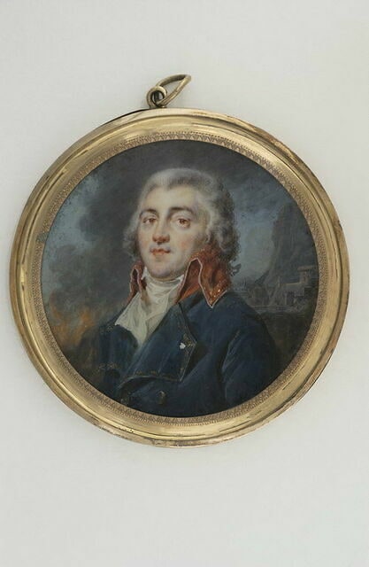 Portrait d'un officier portant un habit bleu à col rouge