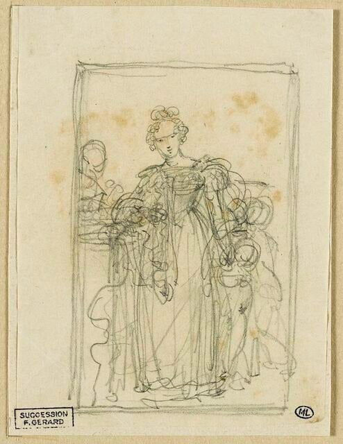 Portrait d'une femme, debout de face avec ses enfants