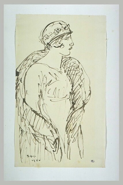 Femme vue à mi-corps, vêtue d'un manteau de fourrure et coiffée d'un chapeau