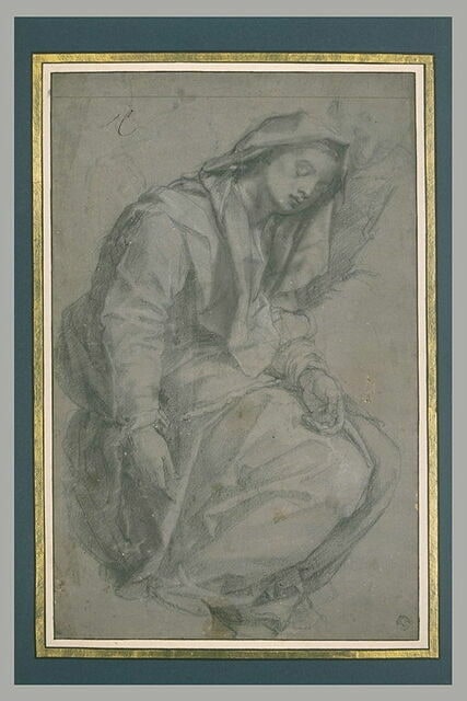 Femme assise, les yeux clos, soutenue par une figure derrière elle