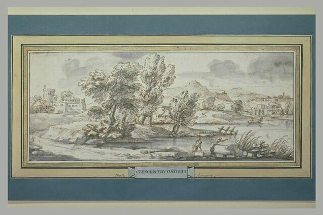 Paysage avec une rivière, une barque et deux pêcheurs