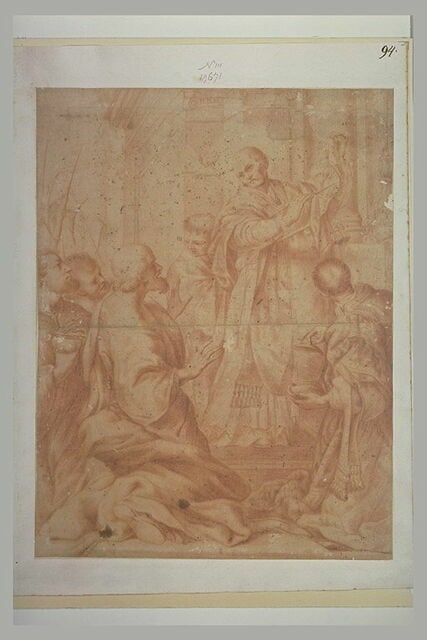 Un dignitaire de l'église, entouré de cinq figures, montrant un objet