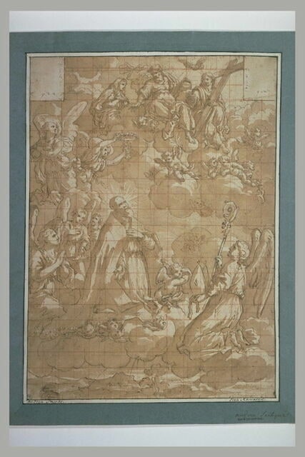 Apothéose d'un saint évêque porté sur des nuages avec Dieu et des anges