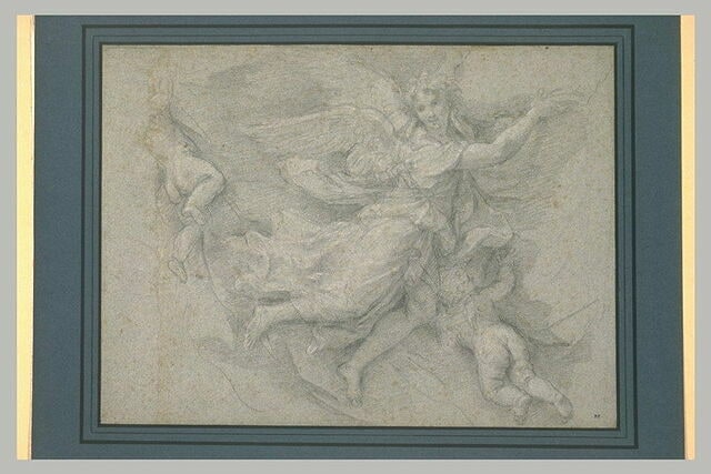 Anges volant et tenant des draperies