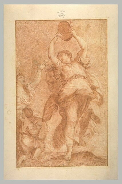 Femme dansant avec un tambourin, et deux autres figures