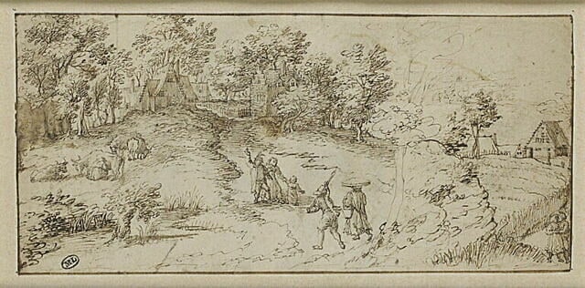 Paysage de campagne avec des vaches paissant et des personnages