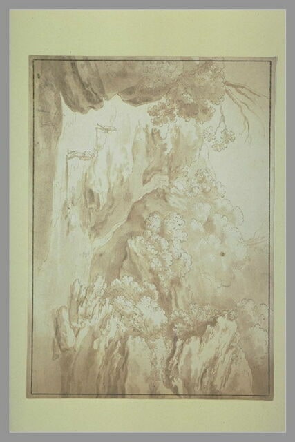 Chemin et cascade, sur le flanc d'une colline boisée, et deux figures