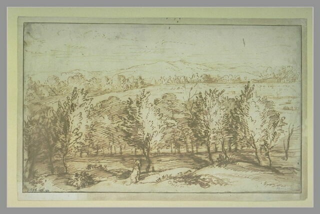 Paysage avec un chien assis