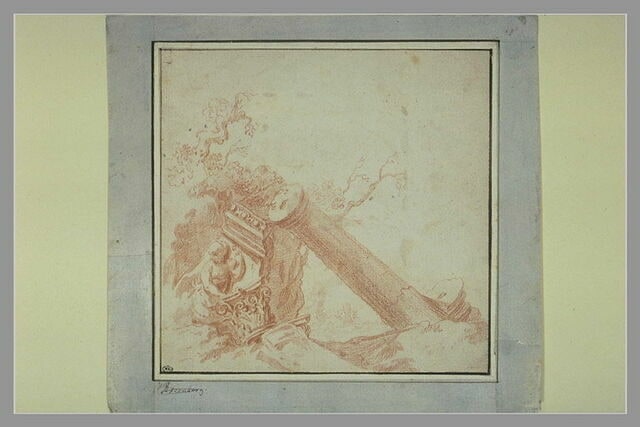 Ruines, colonnes tombée, chapiteau et morceau d'entablement