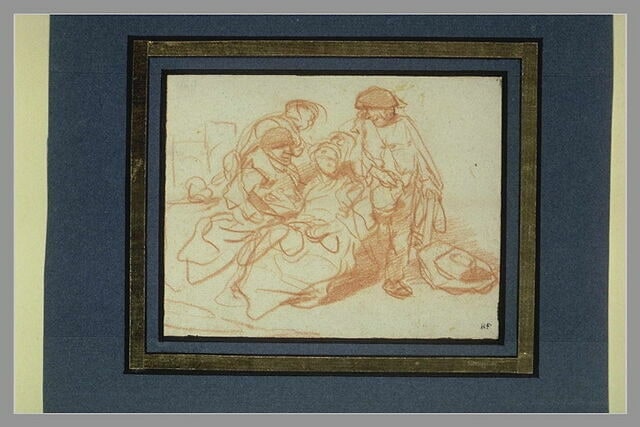 Scène d'auberge avec trois hommes autour d'une femme assise