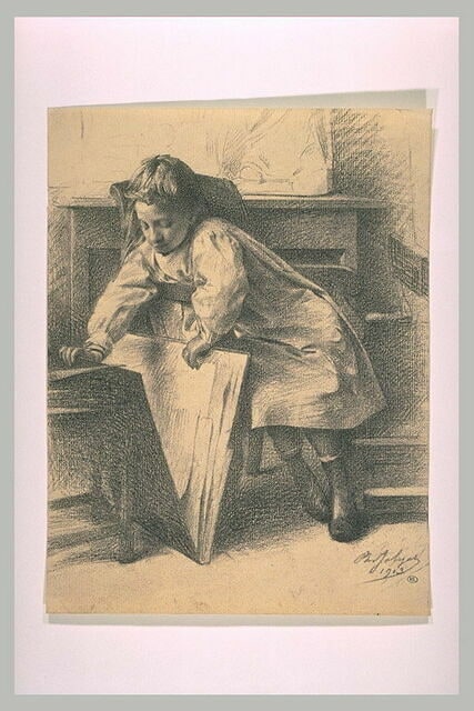Petite fille, assise, ouvrant un carton d'estampes