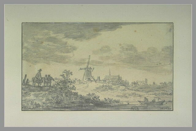 Paysage avec un moulin et des églises au loin