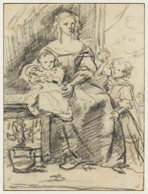 Portrait d'une femme assise entre ses deux enfants