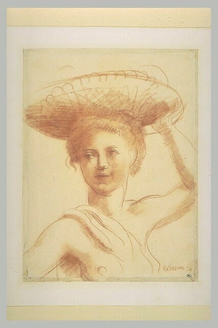 Jeune femme en buste, maintenant de la main gauche une corbeille sur sa tête
