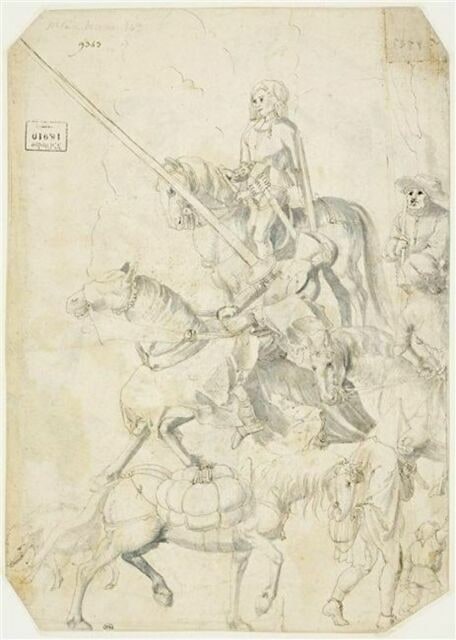 Trois hommes d'armes à cheval, un fantassin et un paysan
