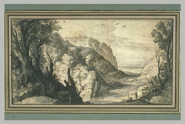Paysage montagneux avec un défilé ouvrant sur une plaine