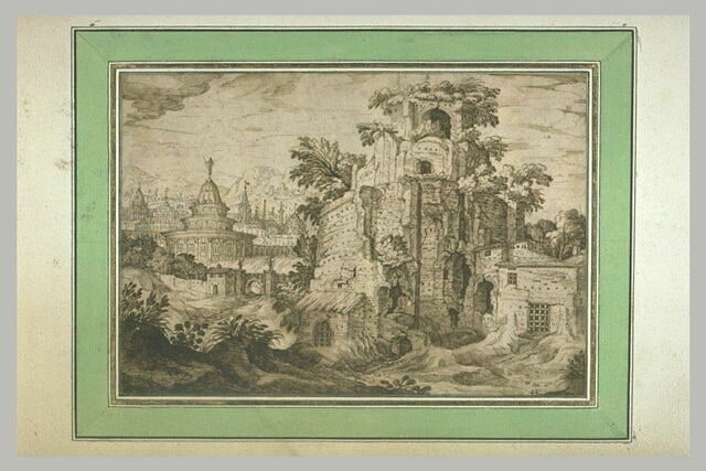 Ruines d'une tour, près d'une ville