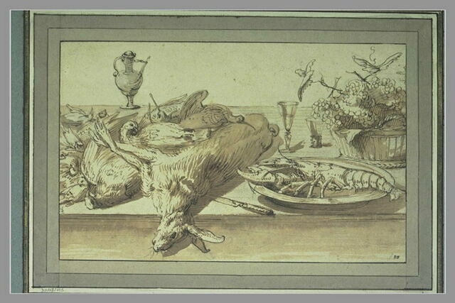 Nature morte avec gibier, homard, raisin et aiguière