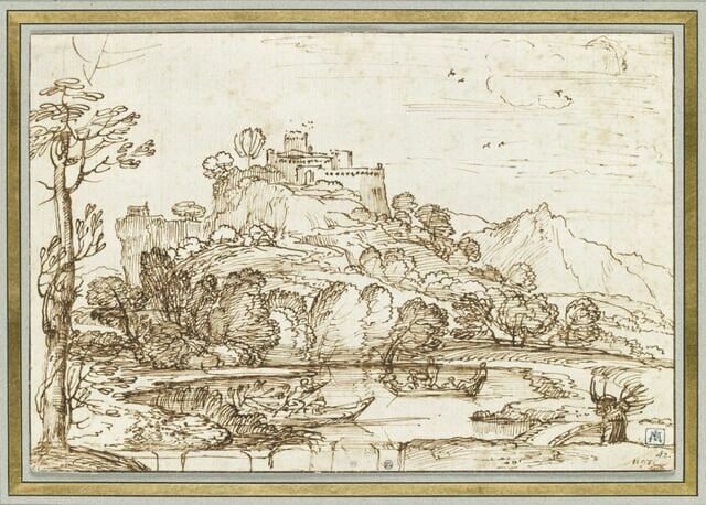 Paysage avec deux barques au pied d'un château