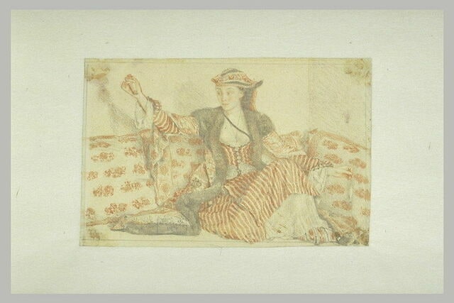 Jeune orientale assise, tenant un fuseau