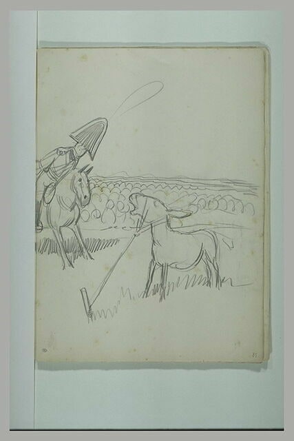 Croquis humoristique : fantassins, cavalier et âne attaché à un piquet