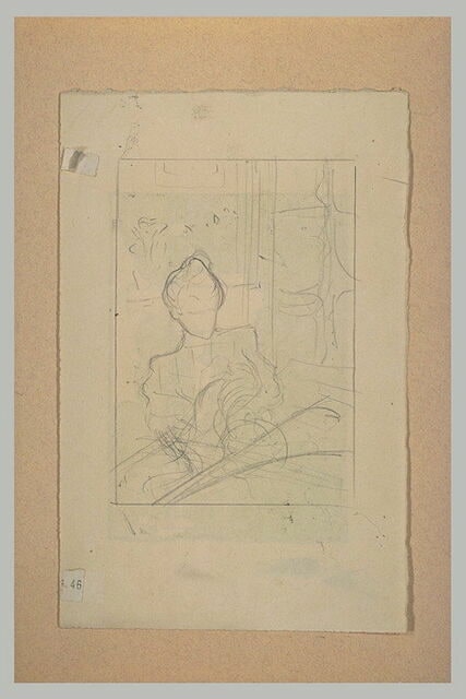 Portrait de femme, assise, à mi-corps, dans un inférieur