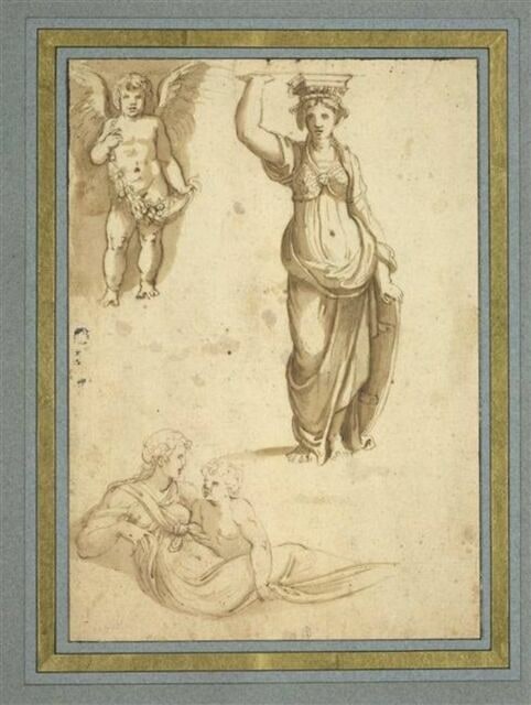 Enfant ailé avec une guirlande ; cariatide ; femme drapée avec un enfant