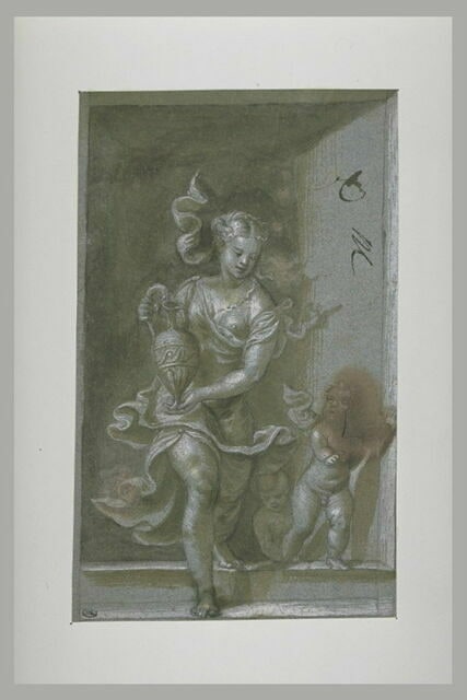 Femme tenant un vase et deux enfants