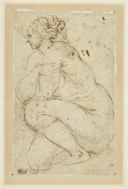 Une femme nue accroupie, les bras croisés, vue de profil